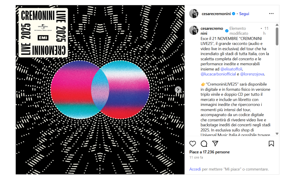 CremoniniLIVE25, in uscita a novembre il nuovo album di Cesare Cremonini